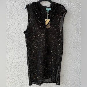 Aruba Blue Sequin Mesh Crochet Swim Cover Up Black Dress with hood size Large